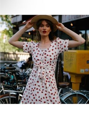 Strawberry Print Mini Dress Tie Waist Cute Summer Dress - size S